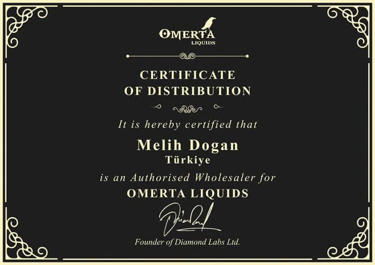Omerta Liquids distribütörlük sertifikası
